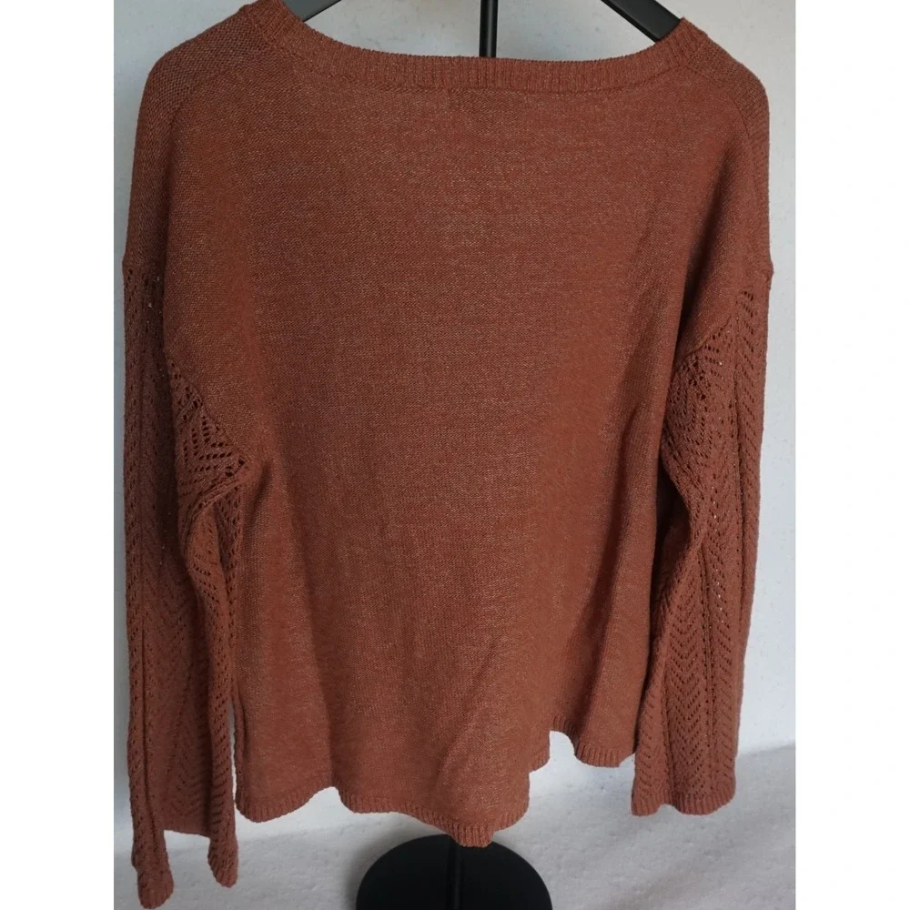 Frye and Co Womens Rust Orange Pointelle Knit V-Neck Tassel Sweater Large